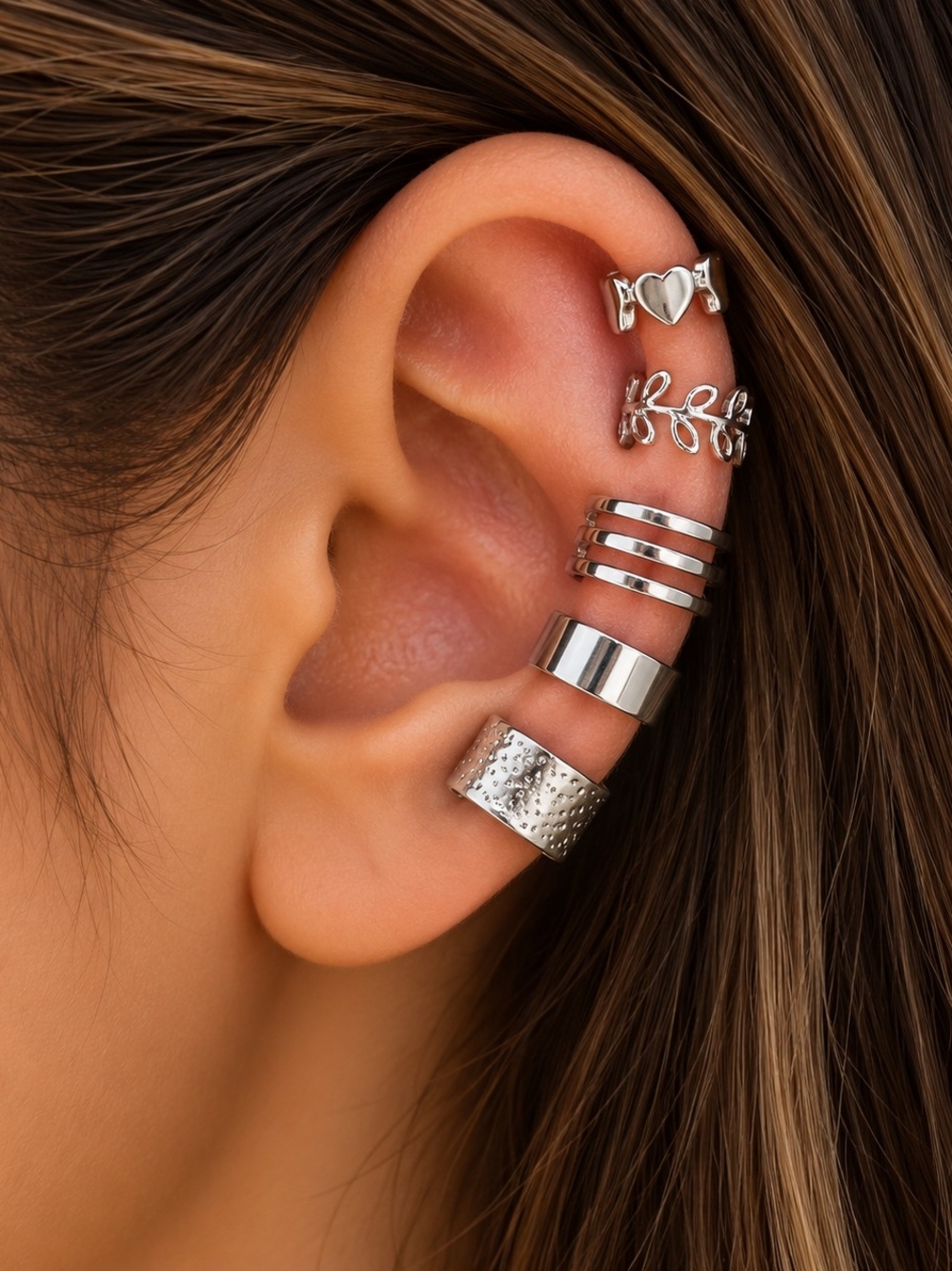 5 Piece Silver Tone Metal Ear Cuff Set - Heart & Leaf Designs New